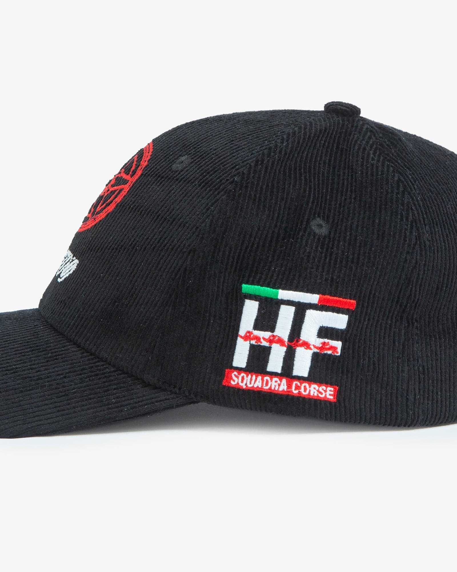 Black corduroy cap with the HF Squadra Corse emblem embroidered on the side, from the Stratos collection
