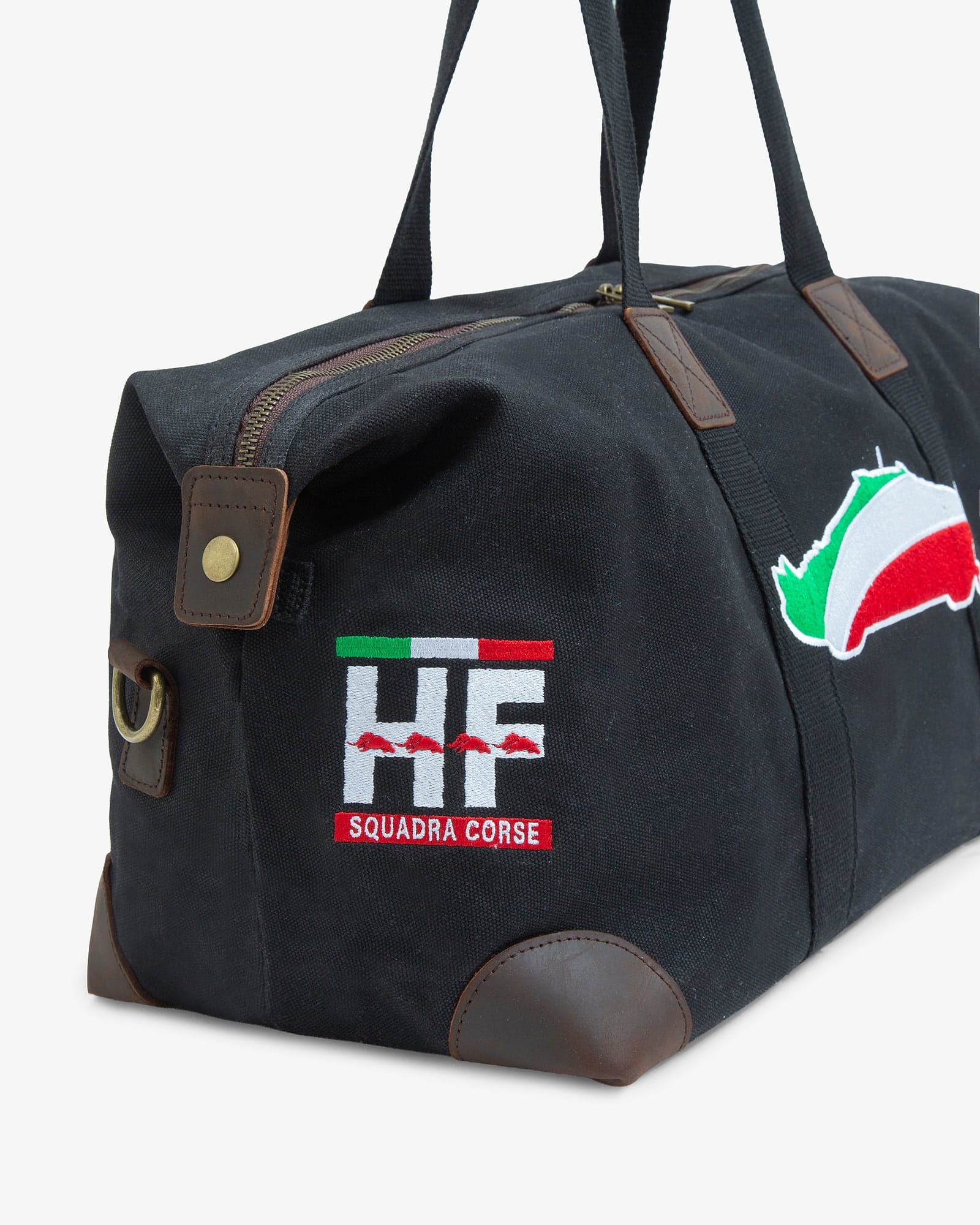 Black canvas duffle with leather corners and the HF Squadra Corse and Stratos silhouette embroidered on the end panel